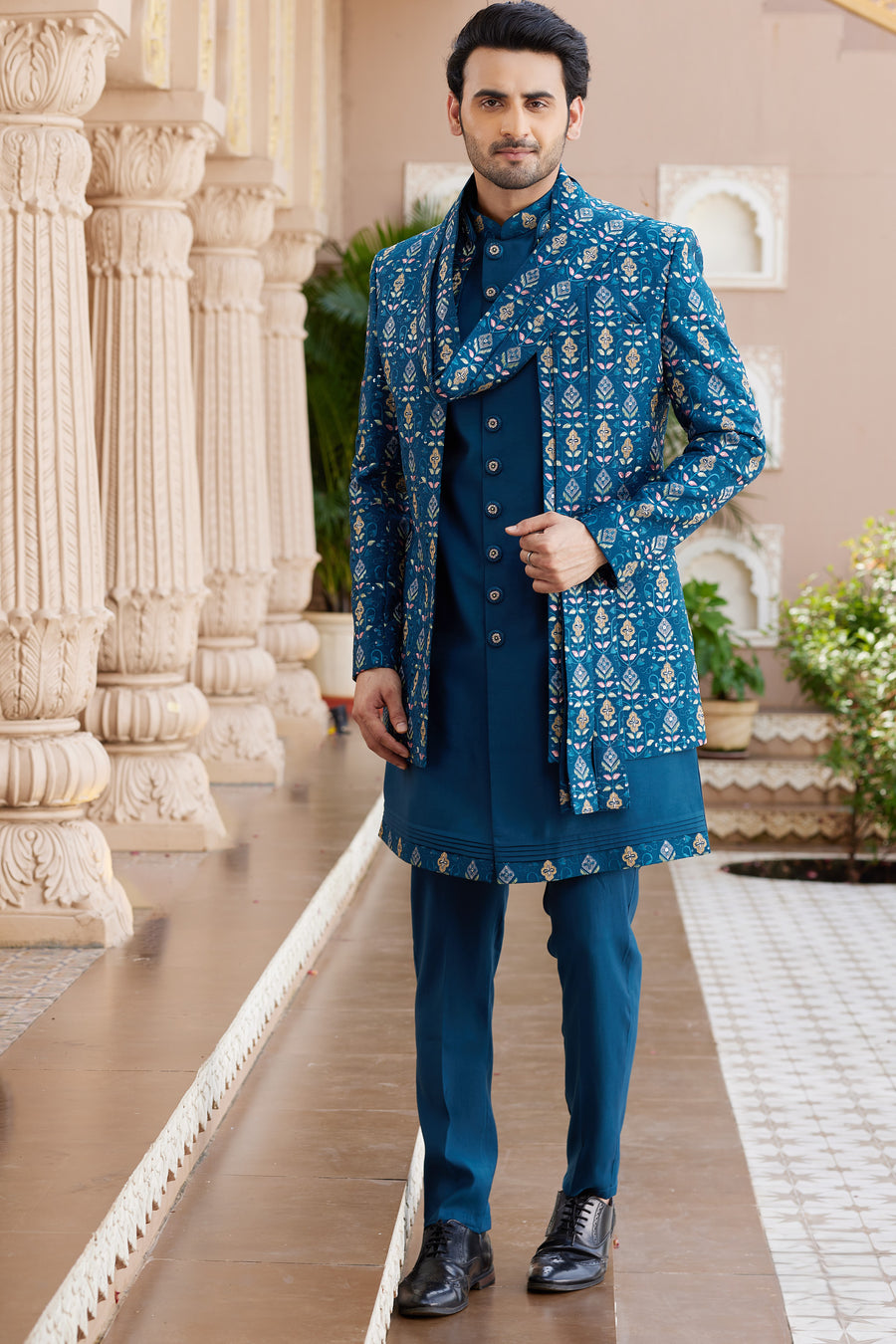 Blue Art Silk Indo Western Suit Long Kurta with Jacket, Pant & Dupatta for Men for Wedding - Thread Embroidery Work