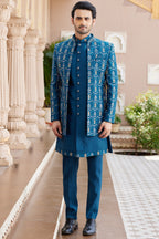 Blue Art Silk Indo Western Suit Long Kurta with Jacket, Pant & Dupatta for Men for Wedding - Thread Embroidery Work
