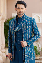 Blue Art Silk Indo Western Suit Long Kurta with Jacket, Pant & Dupatta for Men for Wedding - Thread Embroidery Work