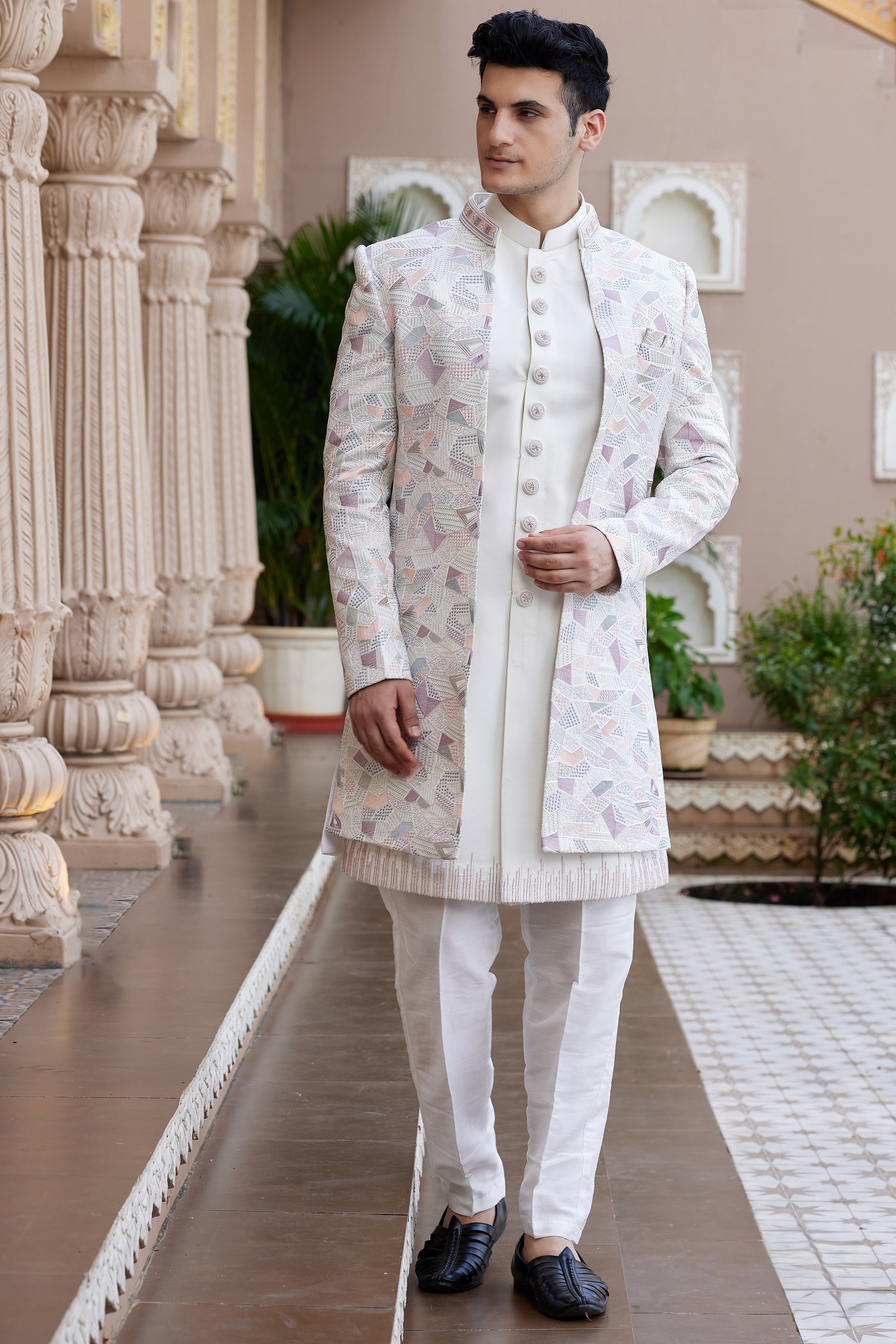 Cream Art Silk Indo Western Suit Long Kurta with Jacket, Pant & Dupatta for Men for Wedding - Thread Embroidery Work