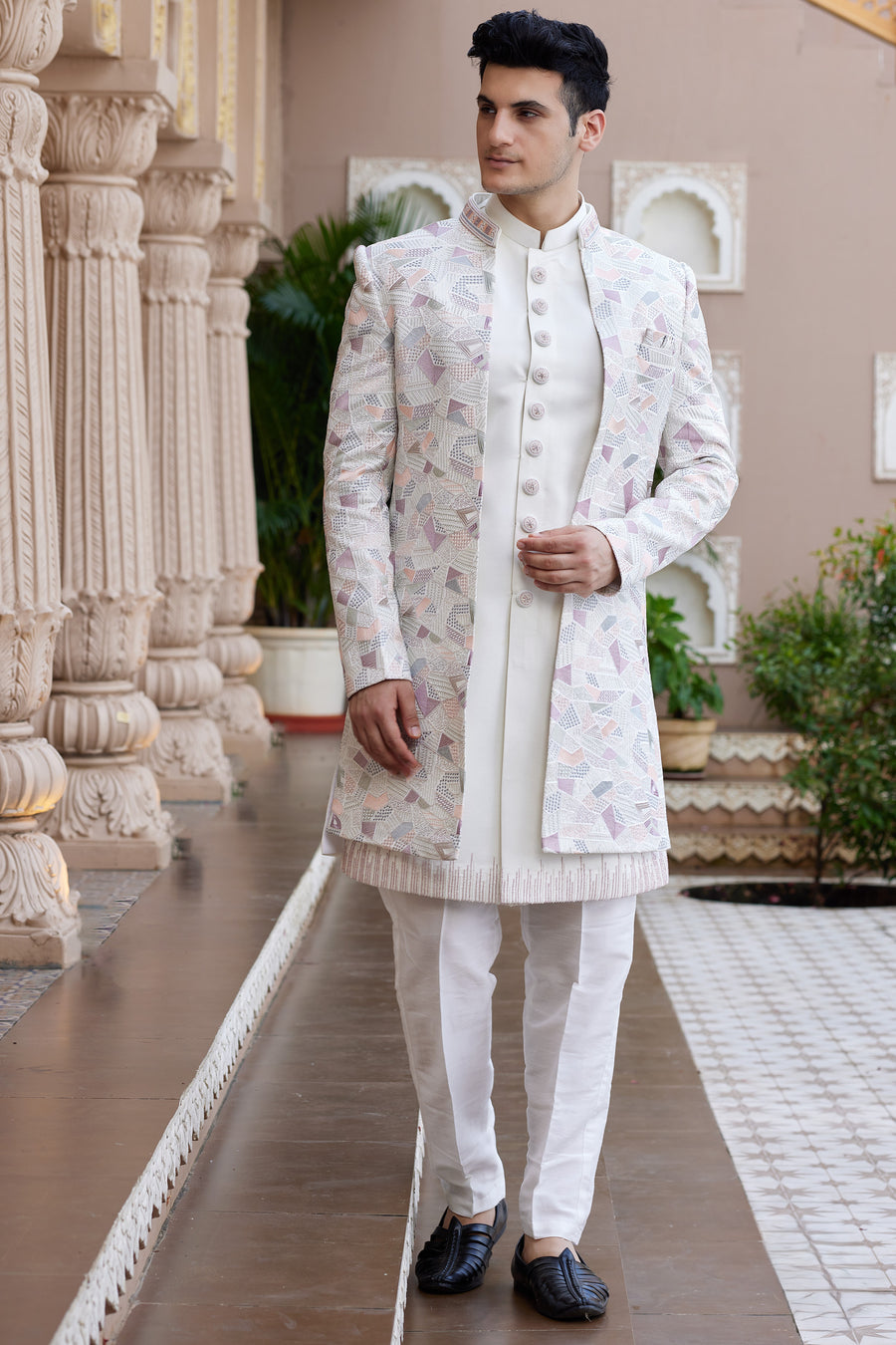 Cream Art Silk Indo Western Suit Long Kurta with Jacket, Pant & Dupatta for Men for Wedding - Thread Embroidery Work