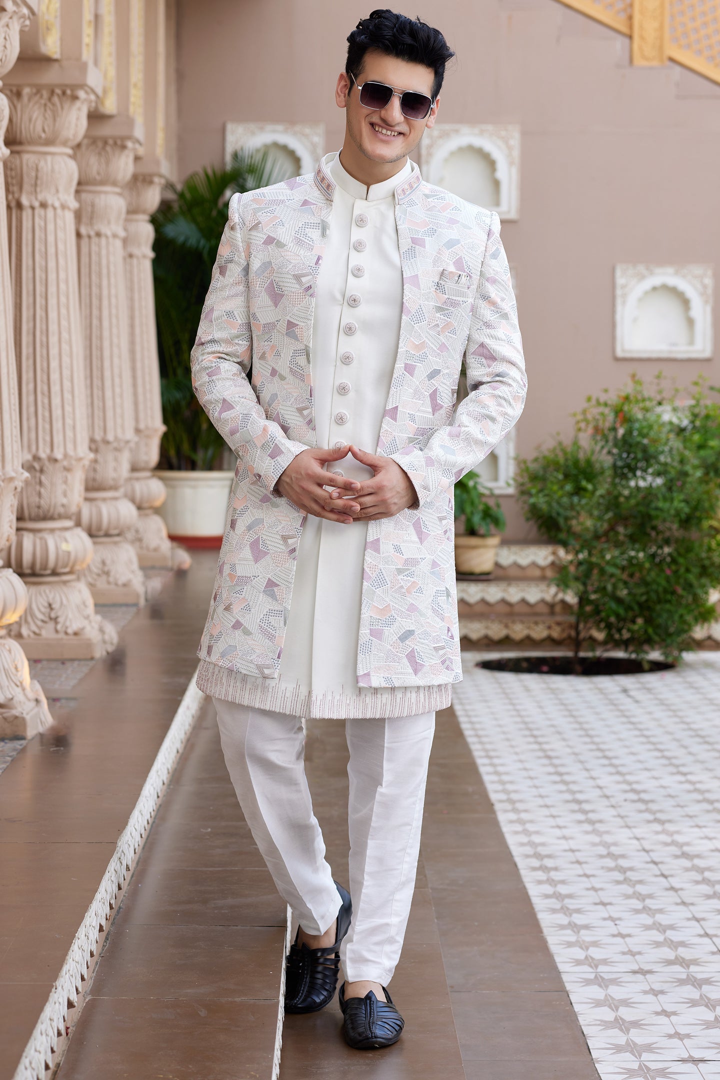 Cream Art Silk Indo Western Suit Long Kurta with Jacket, Pant & Dupatta for Men for Wedding - Thread Embroidery Work