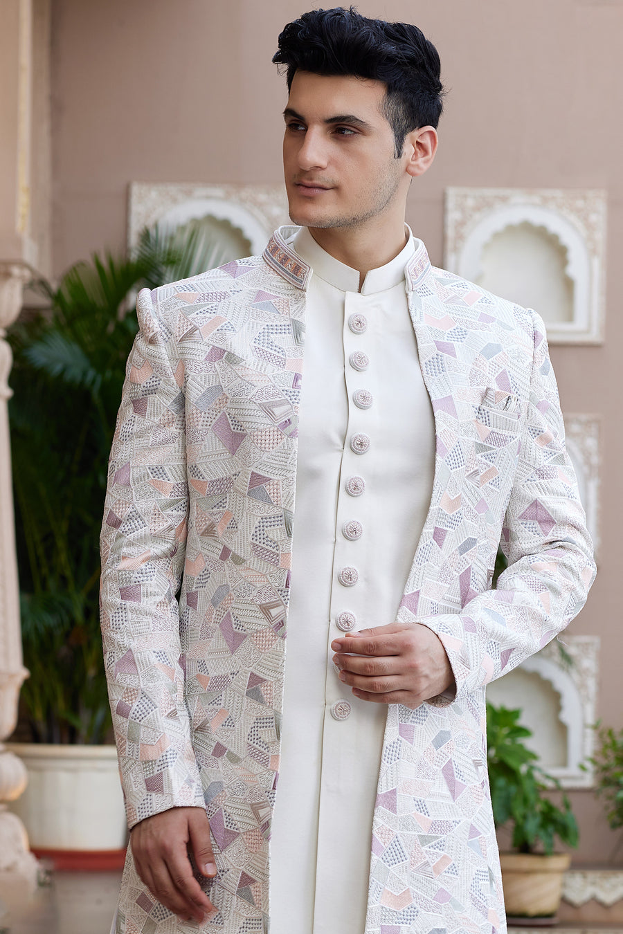 Cream Art Silk Indo Western Suit Long Kurta with Jacket, Pant & Dupatta for Men for Wedding - Thread Embroidery Work