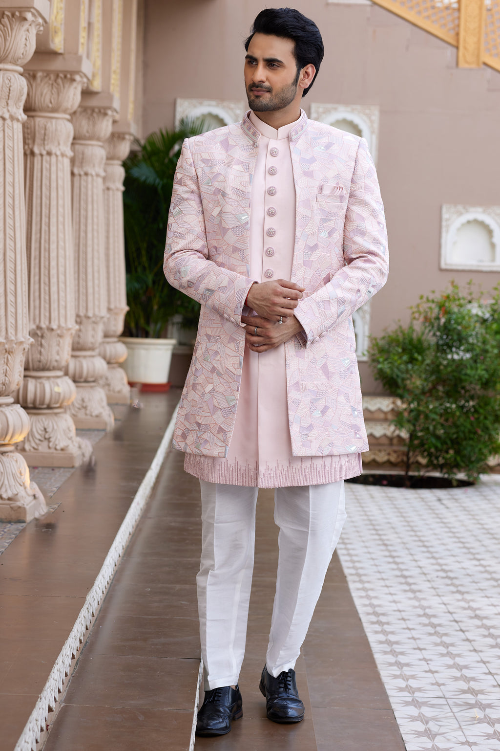 Pink Art Silk Indo Western Suit Long Kurta with Jacket, Pant & Dupatta for Men for Wedding - Thread Embroidery Work