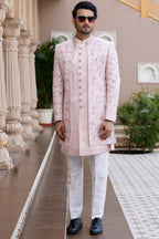 Pink Art Silk Indo Western Suit Long Kurta with Jacket, Pant & Dupatta for Men for Wedding - Thread Embroidery Work