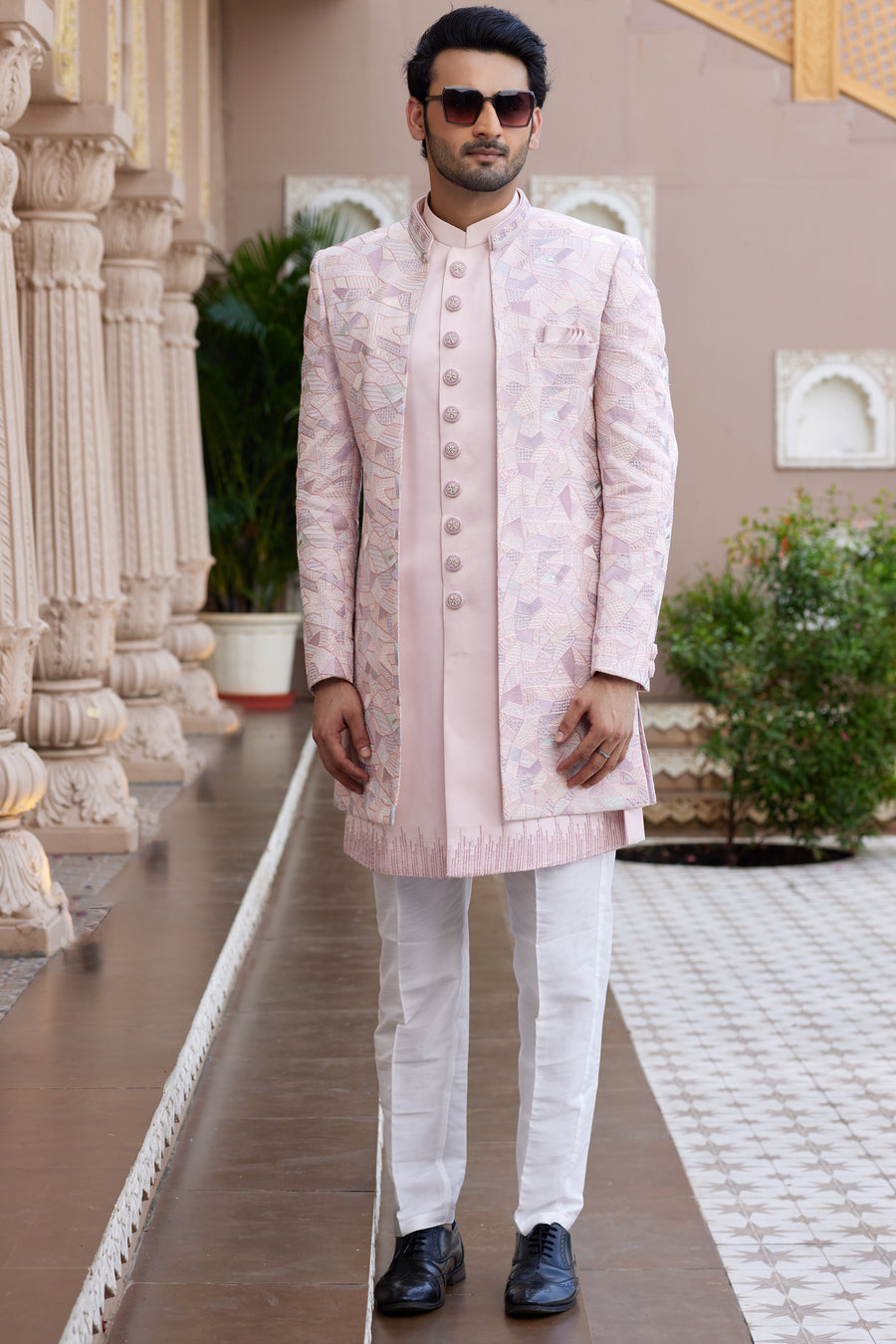 Pink Art Silk Indo Western Suit Long Kurta with Jacket, Pant & Dupatta for Men for Wedding - Thread Embroidery Work