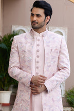 Pink Art Silk Indo Western Suit Long Kurta with Jacket, Pant & Dupatta for Men for Wedding - Thread Embroidery Work