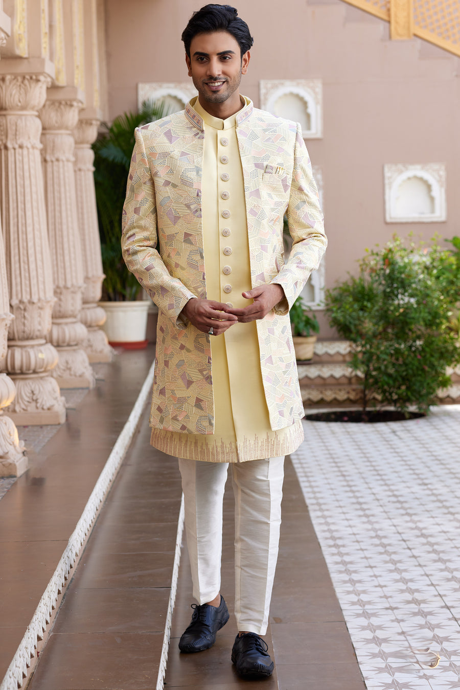 Light Yellow Art Silk Indo Western Suit Long Kurta with Jacket, Pant & Dupatta for Men for Wedding - Thread Embroidery Work