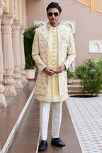 Light Yellow Art Silk Indo Western Suit Long Kurta with Jacket, Pant & Dupatta for Men for Wedding - Thread Embroidery Work