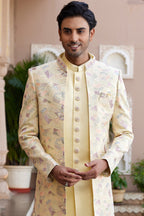Light Yellow Art Silk Indo Western Suit Long Kurta with Jacket, Pant & Dupatta for Men for Wedding - Thread Embroidery Work