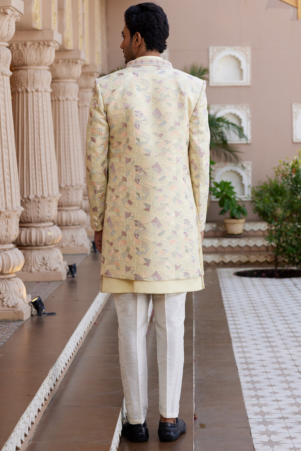 Light Yellow Art Silk Indo Western Suit Long Kurta with Jacket, Pant & Dupatta for Men for Wedding - Thread Embroidery Work