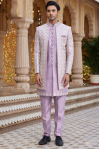 Light Purple Art Silk Indo Western Suit Long Kurta with Jacket, Pant & Dupatta for Men for Wedding - Thread Embroidery Work