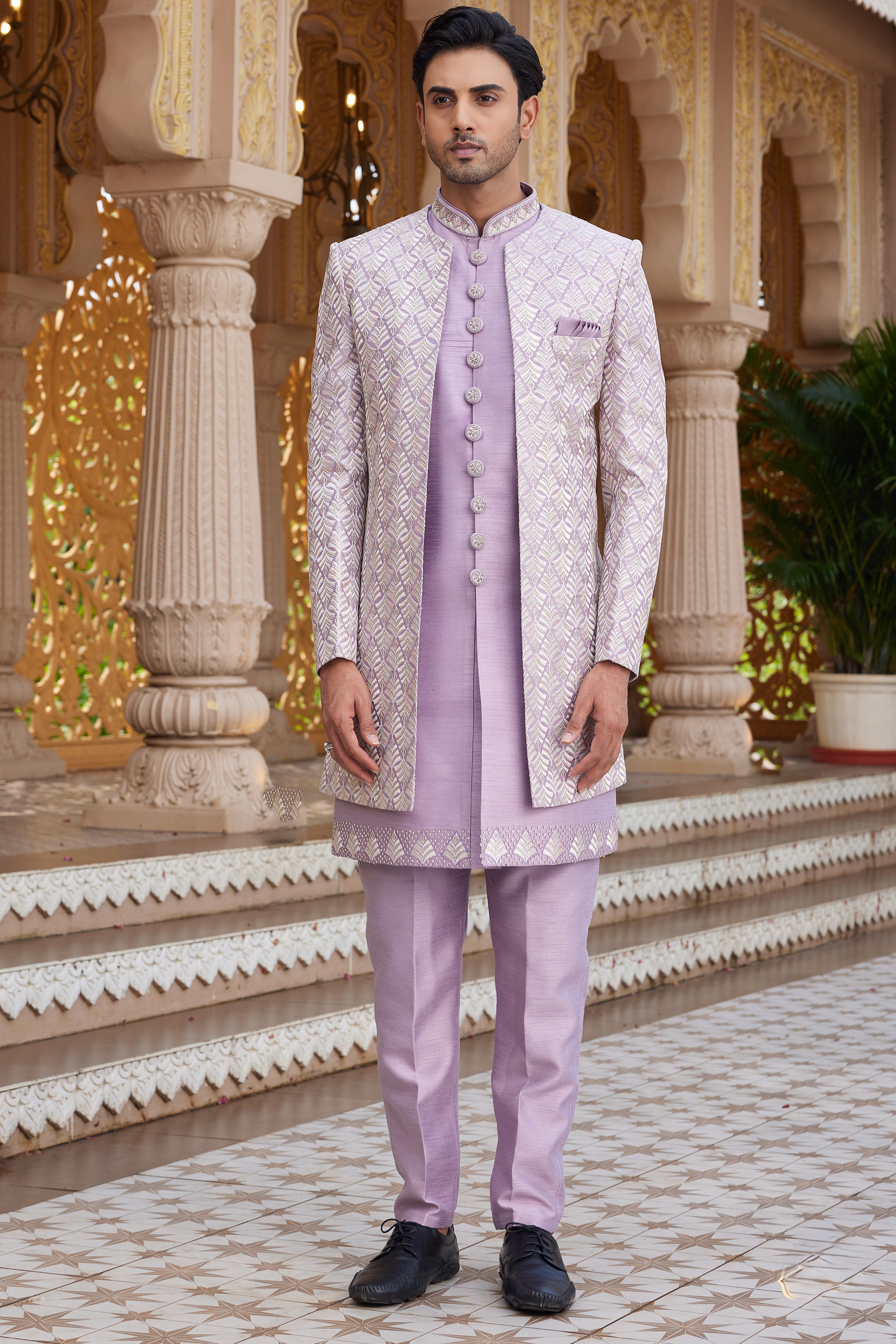 Light Purple Art Silk Indo Western Suit Long Kurta with Jacket, Pant & Dupatta for Men for Wedding - Thread Embroidery Work