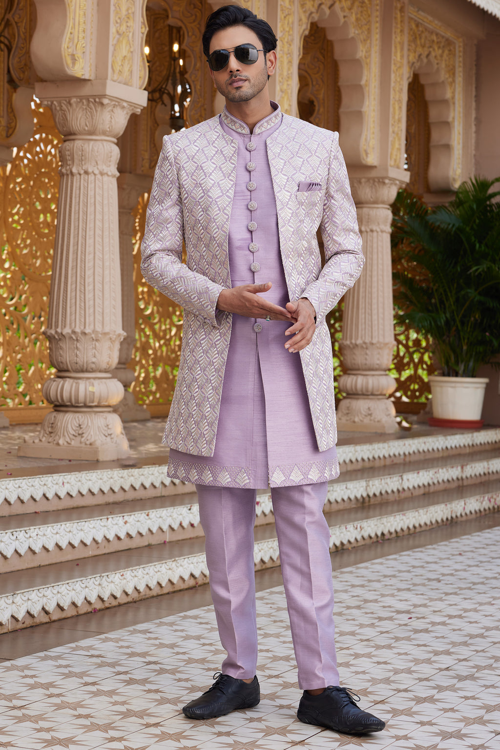 Light Purple Art Silk Indo Western Suit Long Kurta with Jacket, Pant & Dupatta for Men for Wedding - Thread Embroidery Work