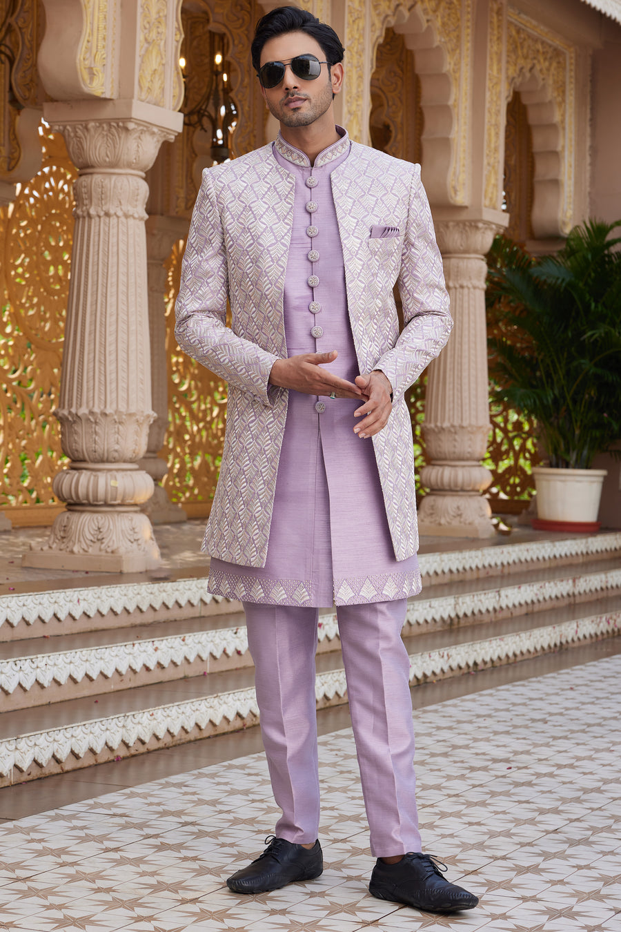 Light Purple Art Silk Indo Western Suit Long Kurta with Jacket, Pant & Dupatta for Men for Wedding - Thread Embroidery Work