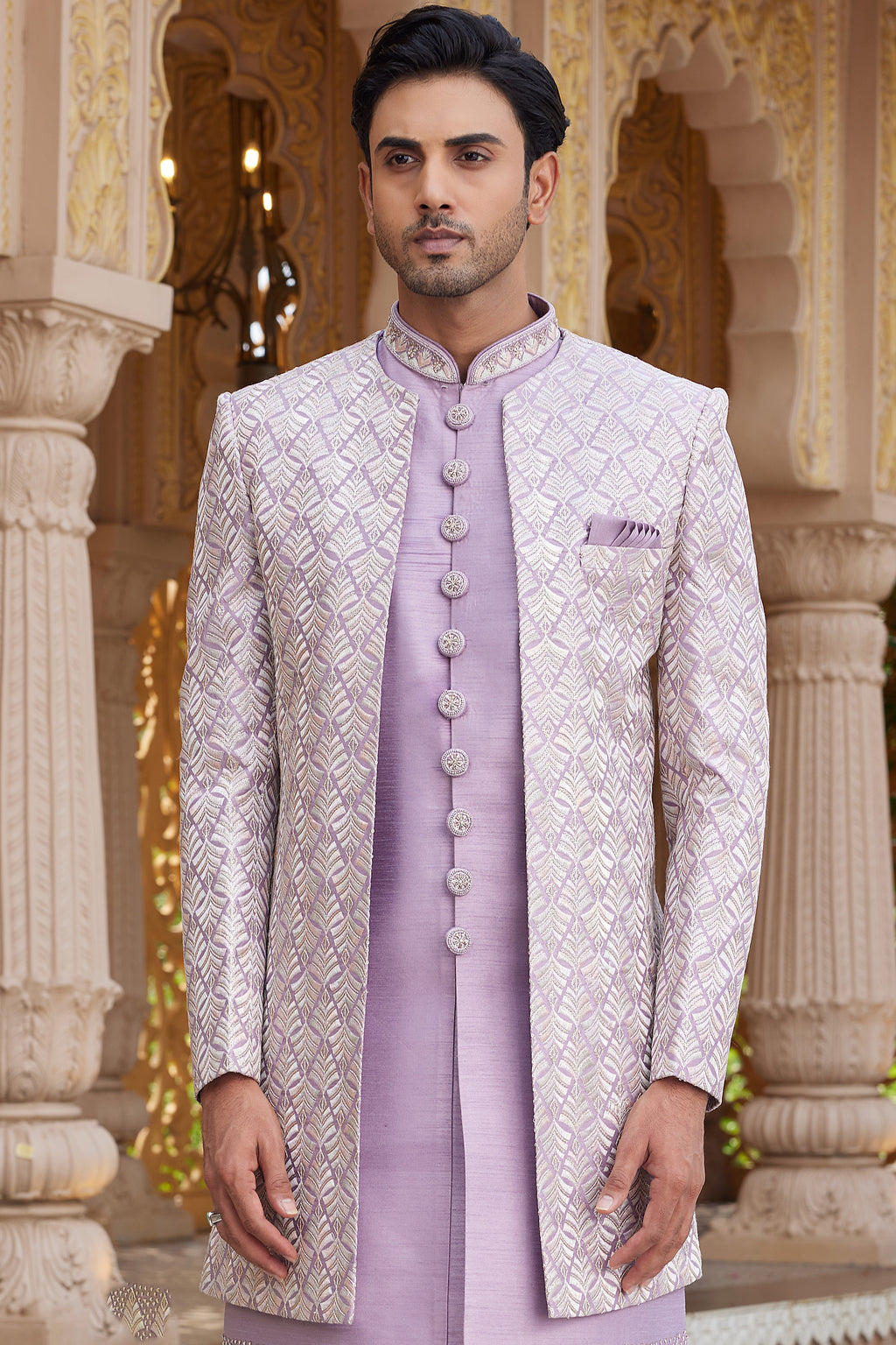Light Purple Art Silk Indo Western Suit Long Kurta with Jacket, Pant & Dupatta for Men for Wedding - Thread Embroidery Work
