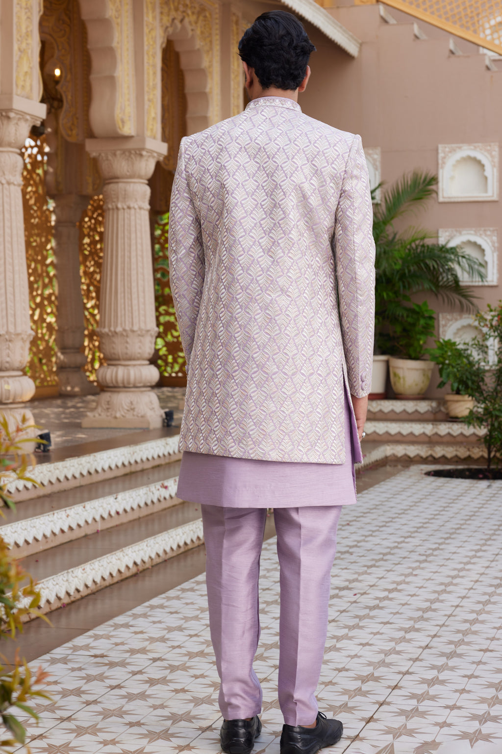 Light Purple Art Silk Indo Western Suit Long Kurta with Jacket, Pant & Dupatta for Men for Wedding - Thread Embroidery Work