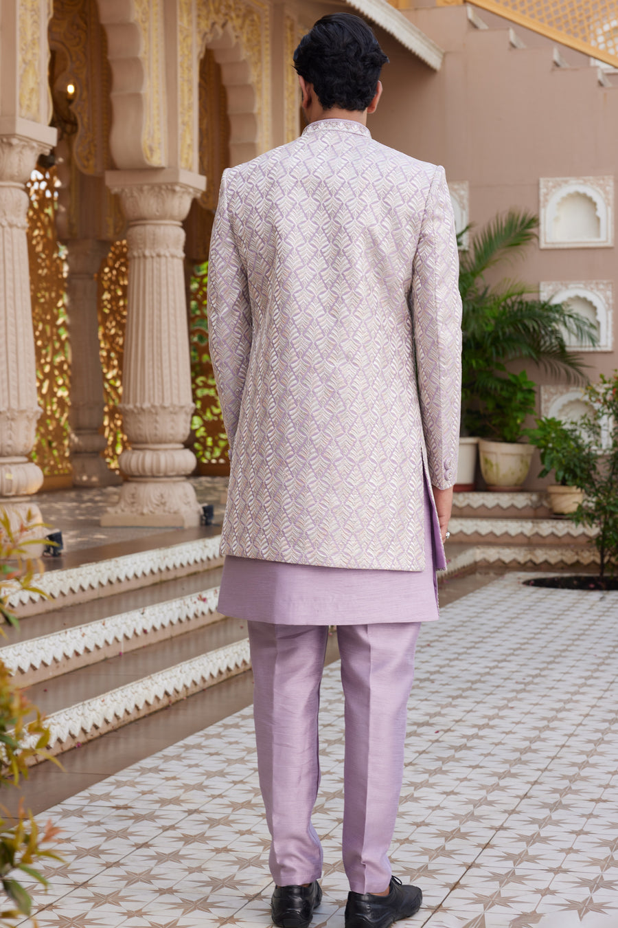 Light Purple Art Silk Indo Western Suit Long Kurta with Jacket, Pant & Dupatta for Men for Wedding - Thread Embroidery Work