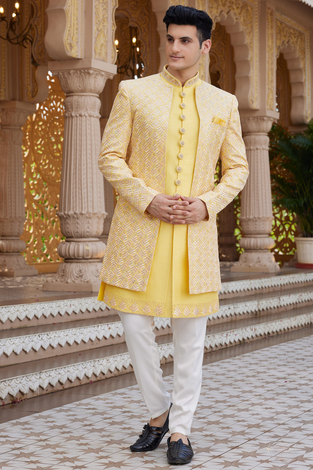 Yellow Art Silk Indo Western Suit Long Kurta with Jacket, Pant & Dupatta for Men for Wedding - Thread Embroidery Work