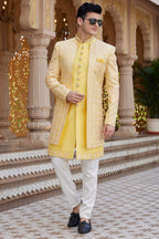 Yellow Art Silk Indo Western Suit Long Kurta with Jacket, Pant & Dupatta for Men for Wedding - Thread Embroidery Work