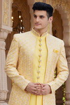 Yellow Art Silk Indo Western Suit Long Kurta with Jacket, Pant & Dupatta for Men for Wedding - Thread Embroidery Work