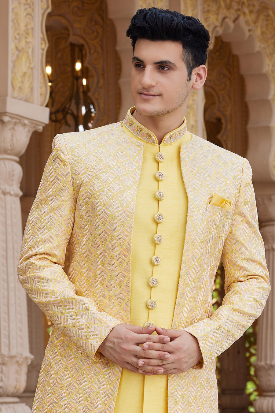 Yellow Art Silk Indo Western Suit Long Kurta with Jacket, Pant & Dupatta for Men for Wedding - Thread Embroidery Work