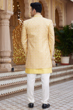 Yellow Art Silk Indo Western Suit Long Kurta with Jacket, Pant & Dupatta for Men for Wedding - Thread Embroidery Work