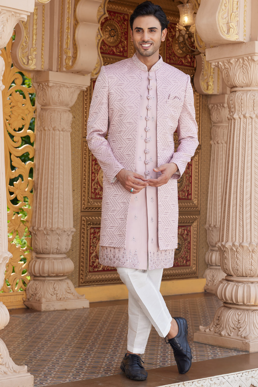 Pink Art Silk Indo Western Suit Long Kurta with Jacket, Pant & Dupatta for Men for Wedding - Thread Embroidery Work
