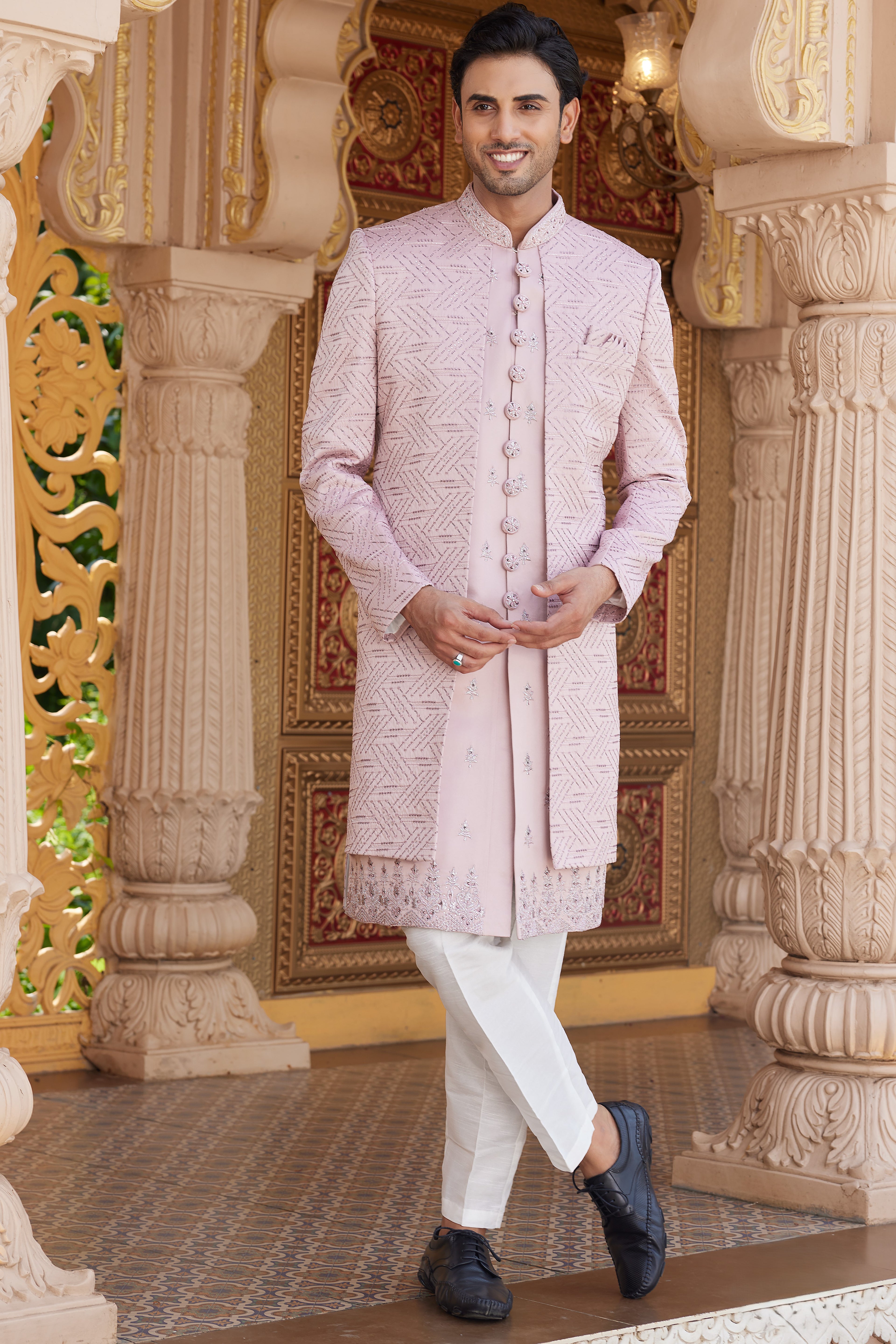Pink Art Silk Indo Western Suit Long Kurta with Jacket, Pant & Dupatta for Men for Wedding - Thread Embroidery Work