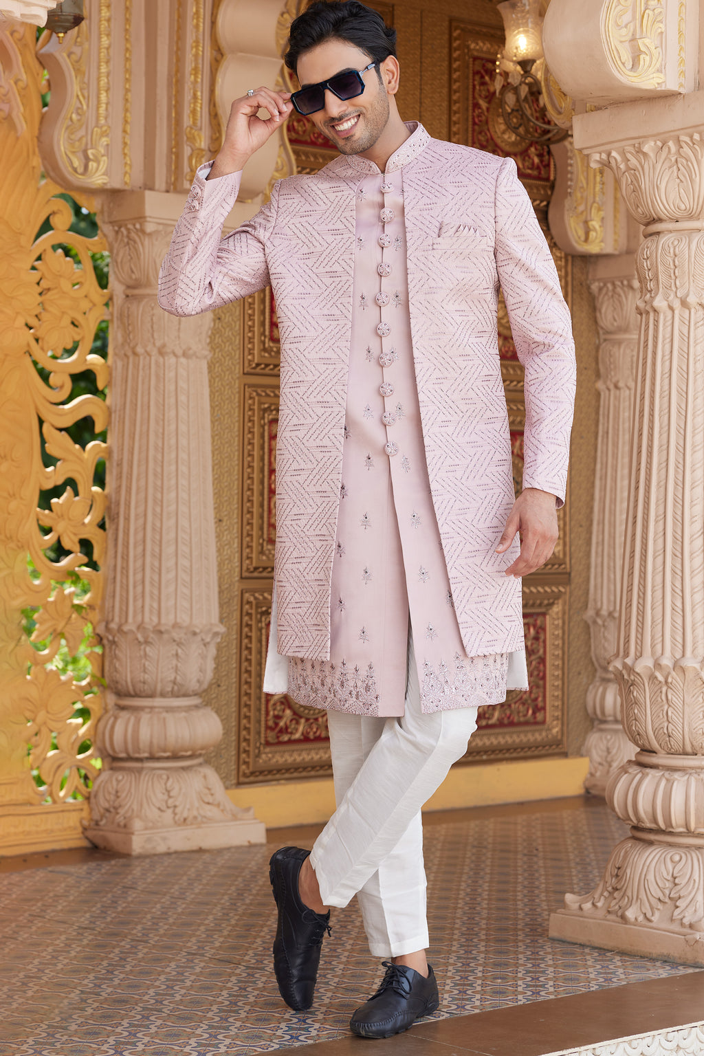 Pink Art Silk Indo Western Suit Long Kurta with Jacket, Pant & Dupatta for Men for Wedding - Thread Embroidery Work