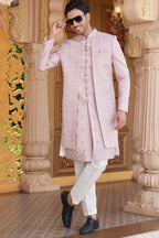 Pink Art Silk Indo Western Suit Long Kurta with Jacket, Pant & Dupatta for Men for Wedding - Thread Embroidery Work