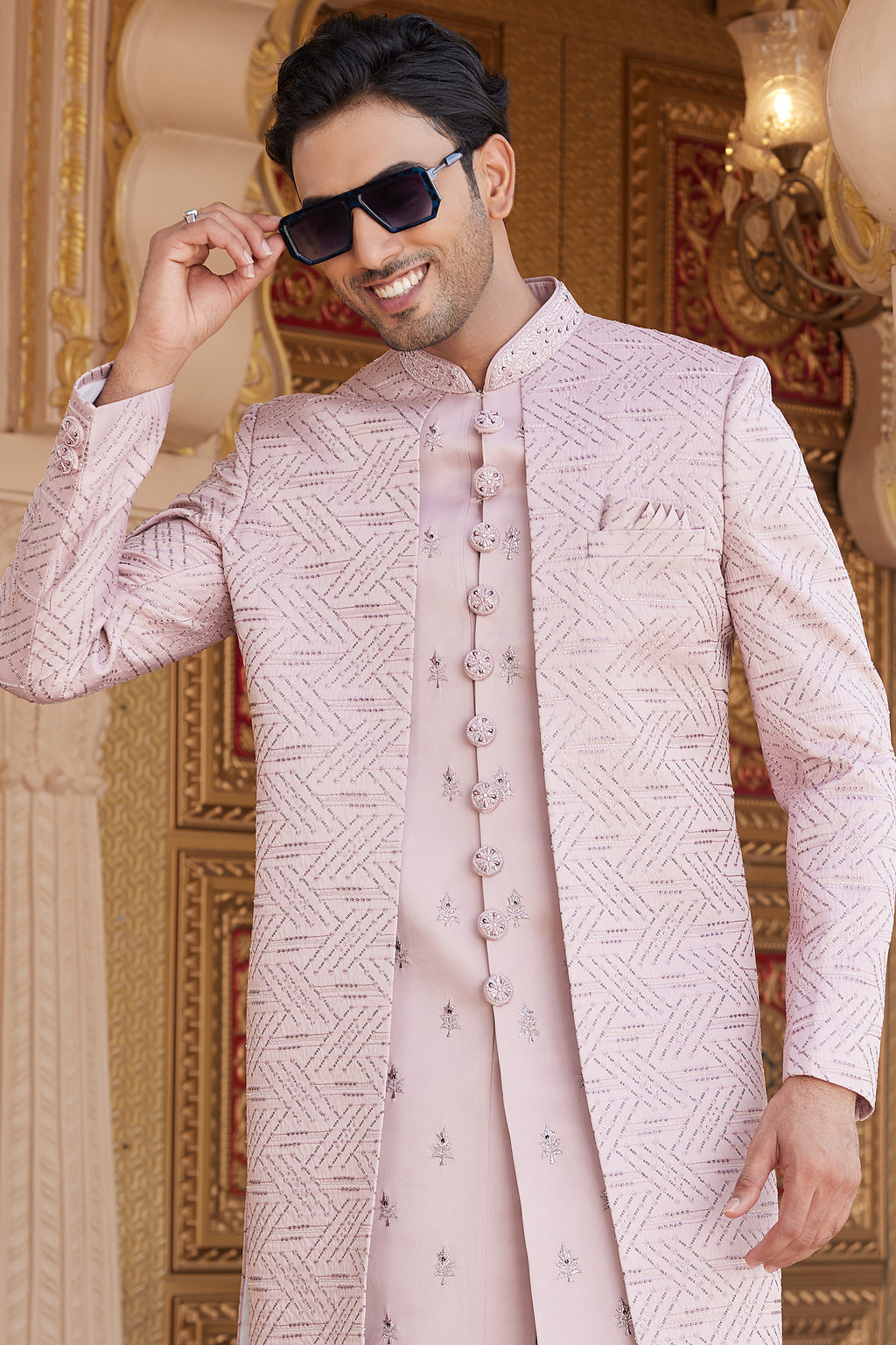 Pink Art Silk Indo Western Suit Long Kurta with Jacket, Pant & Dupatta for Men for Wedding - Thread Embroidery Work