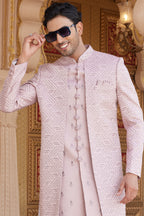 Pink Art Silk Indo Western Suit Long Kurta with Jacket, Pant & Dupatta for Men for Wedding - Thread Embroidery Work
