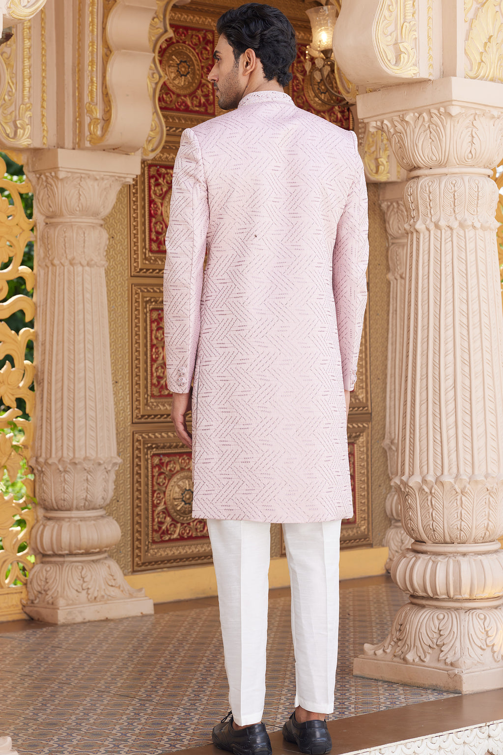 Pink Art Silk Indo Western Suit Long Kurta with Jacket, Pant & Dupatta for Men for Wedding - Thread Embroidery Work