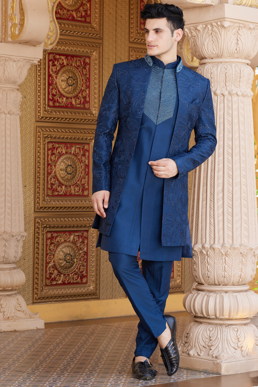 Navy Blue Art Silk Indo Western Suit Long Kurta with Jacket, Pant & Dupatta for Men for Wedding - Thread Embroidery Work
