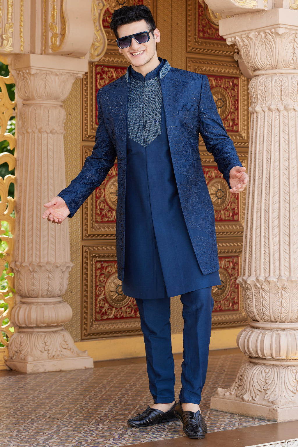 Navy Blue Art Silk Indo Western Suit Long Kurta with Jacket, Pant & Dupatta for Men for Wedding - Thread Embroidery Work