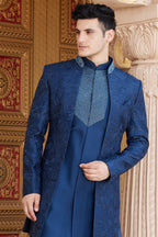 Navy Blue Art Silk Indo Western Suit Long Kurta with Jacket, Pant & Dupatta for Men for Wedding - Thread Embroidery Work