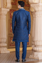 Navy Blue Art Silk Indo Western Suit Long Kurta with Jacket, Pant & Dupatta for Men for Wedding - Thread Embroidery Work