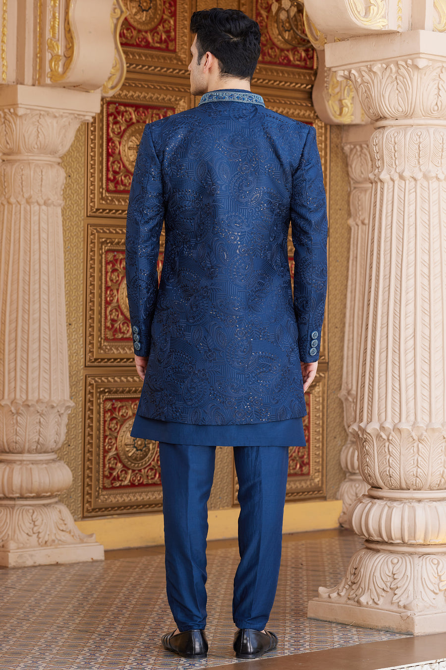 Navy Blue Art Silk Indo Western Suit Long Kurta with Jacket, Pant & Dupatta for Men for Wedding - Thread Embroidery Work