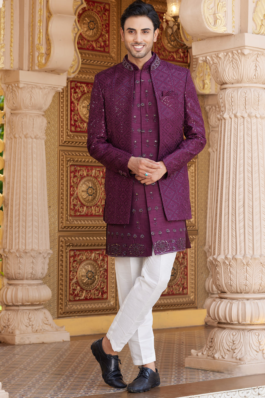 Wine Art Silk Indo Western Suit Long Kurta with Jacket, Pant & Dupatta for Men for Wedding - Thread Embroidery Work