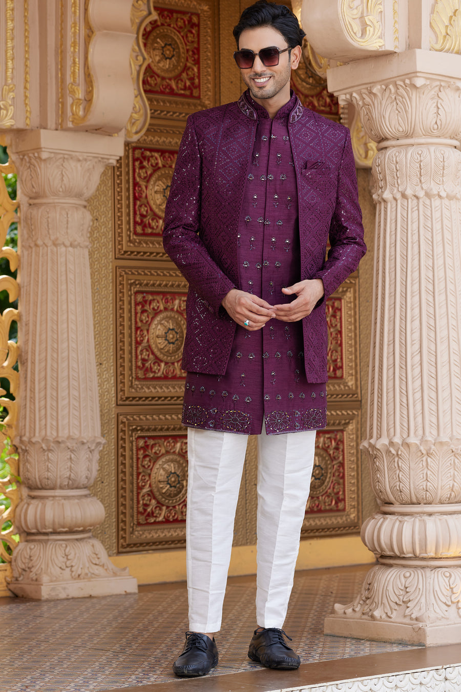 Wine Art Silk Indo Western Suit Long Kurta with Jacket, Pant & Dupatta for Men for Wedding - Thread Embroidery Work