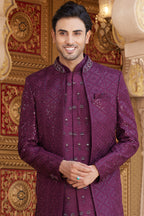 Wine Art Silk Indo Western Suit Long Kurta with Jacket, Pant & Dupatta for Men for Wedding - Thread Embroidery Work