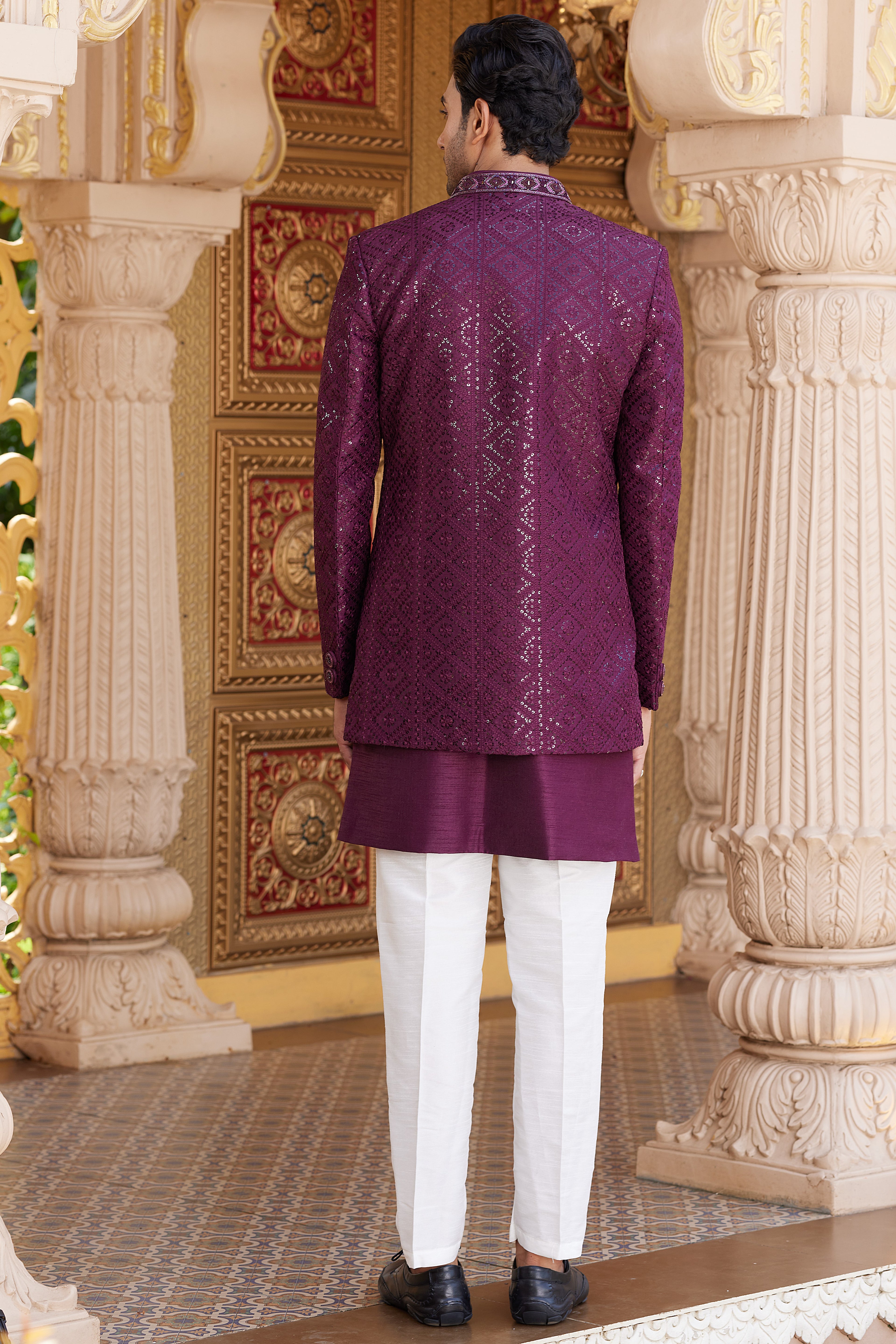 Wine Art Silk Indo Western Suit Long Kurta with Jacket, Pant & Dupatta for Men for Wedding - Thread Embroidery Work