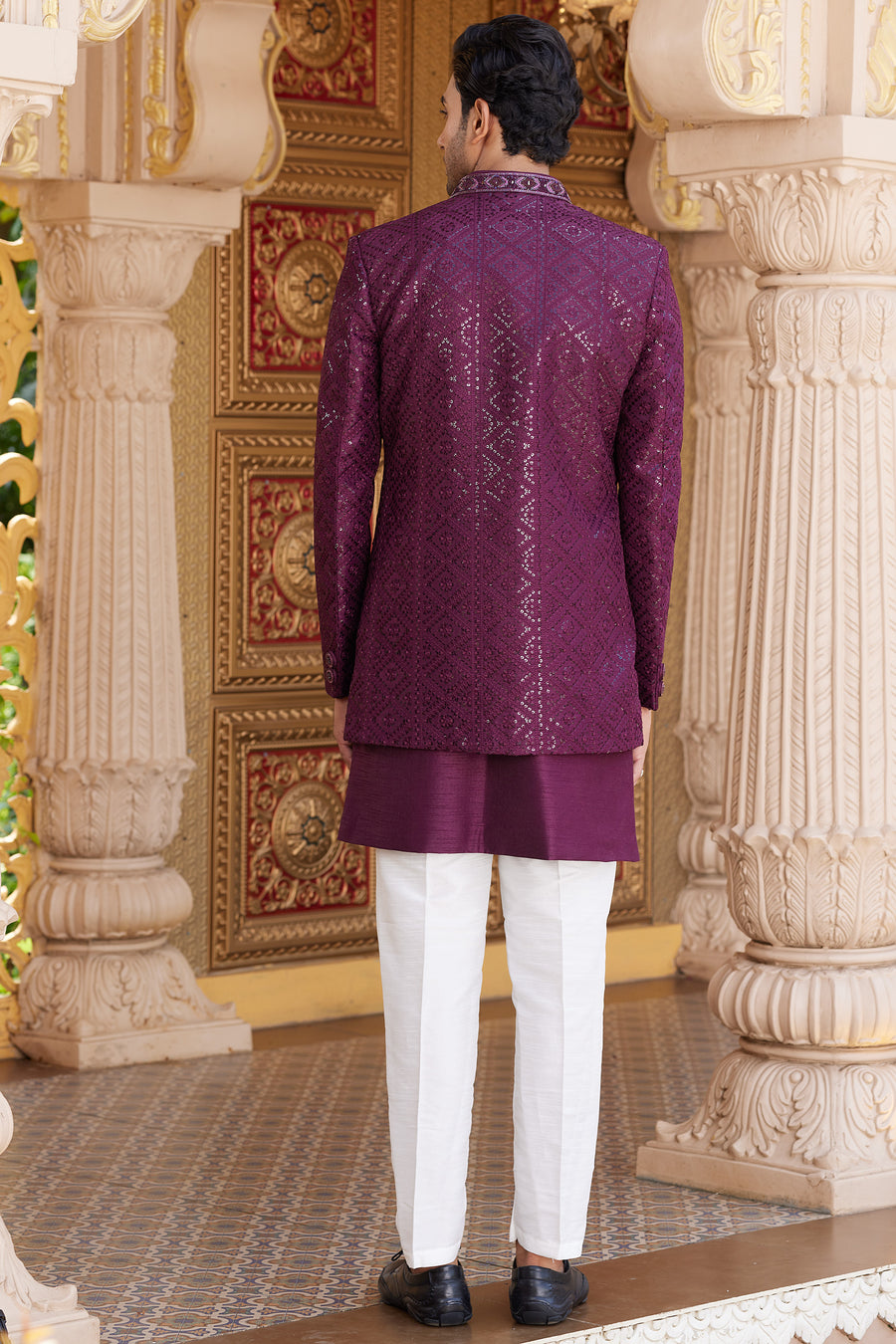 Wine Art Silk Indo Western Suit Long Kurta with Jacket, Pant & Dupatta for Men for Wedding - Thread Embroidery Work