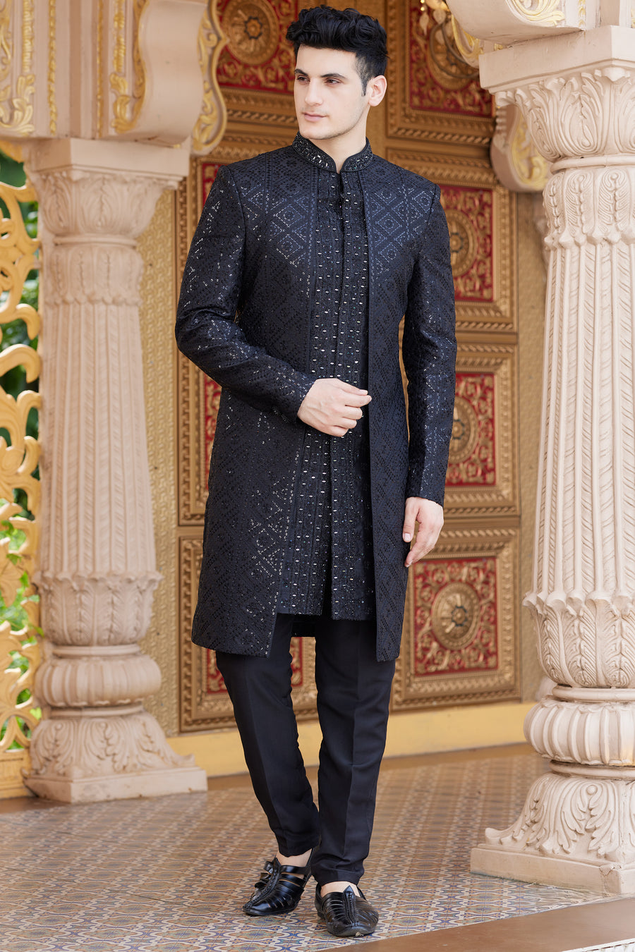 Black Art Silk Indo Western Suit Long Kurta with Jacket, Pant & Dupatta for Men for Wedding - Thread Embroidery Work Copy