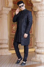 Black Art Silk Indo Western Suit Long Kurta with Jacket, Pant & Dupatta for Men for Wedding - Thread Embroidery Work Copy