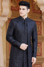 Black Art Silk Indo Western Suit Long Kurta with Jacket, Pant & Dupatta for Men for Wedding - Thread Embroidery Work Copy