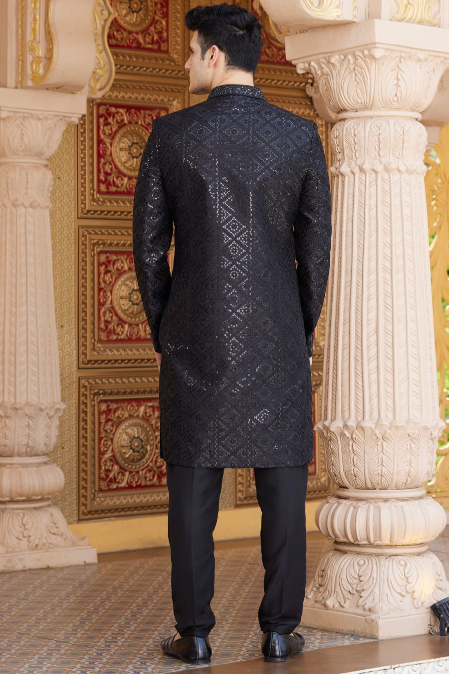 Black Art Silk Indo Western Suit Long Kurta with Jacket, Pant & Dupatta for Men for Wedding - Thread Embroidery Work Copy