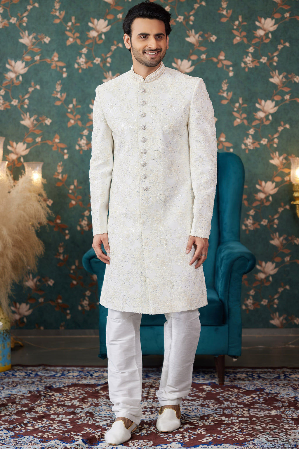 White Art Silk Traditional Sherwani Long Kurta & Chudidar for Men for Wedding - Embroidery Work, Bead Work