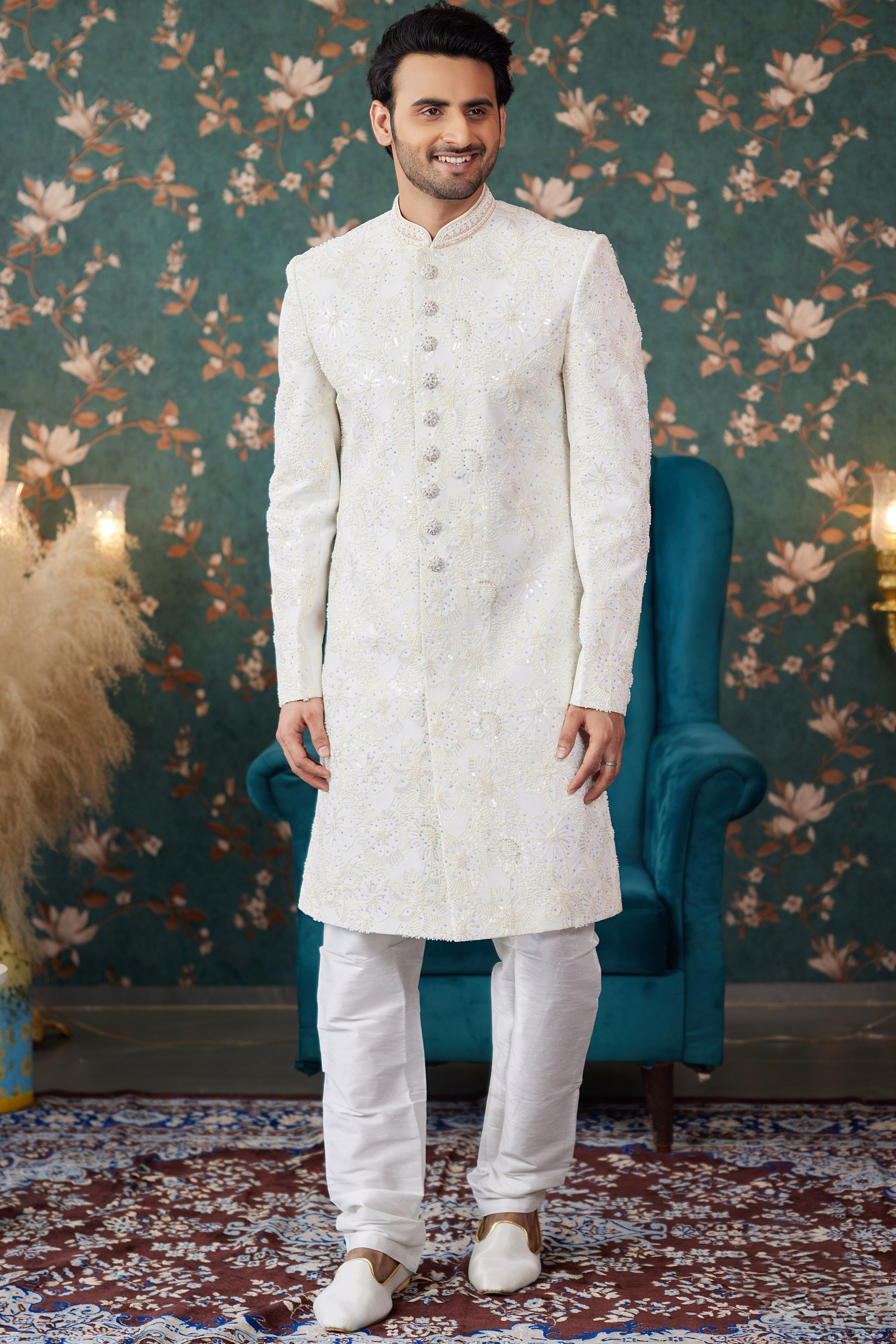 White Art Silk Traditional Sherwani Long Kurta & Chudidar for Men for Wedding - Embroidery Work, Bead Work